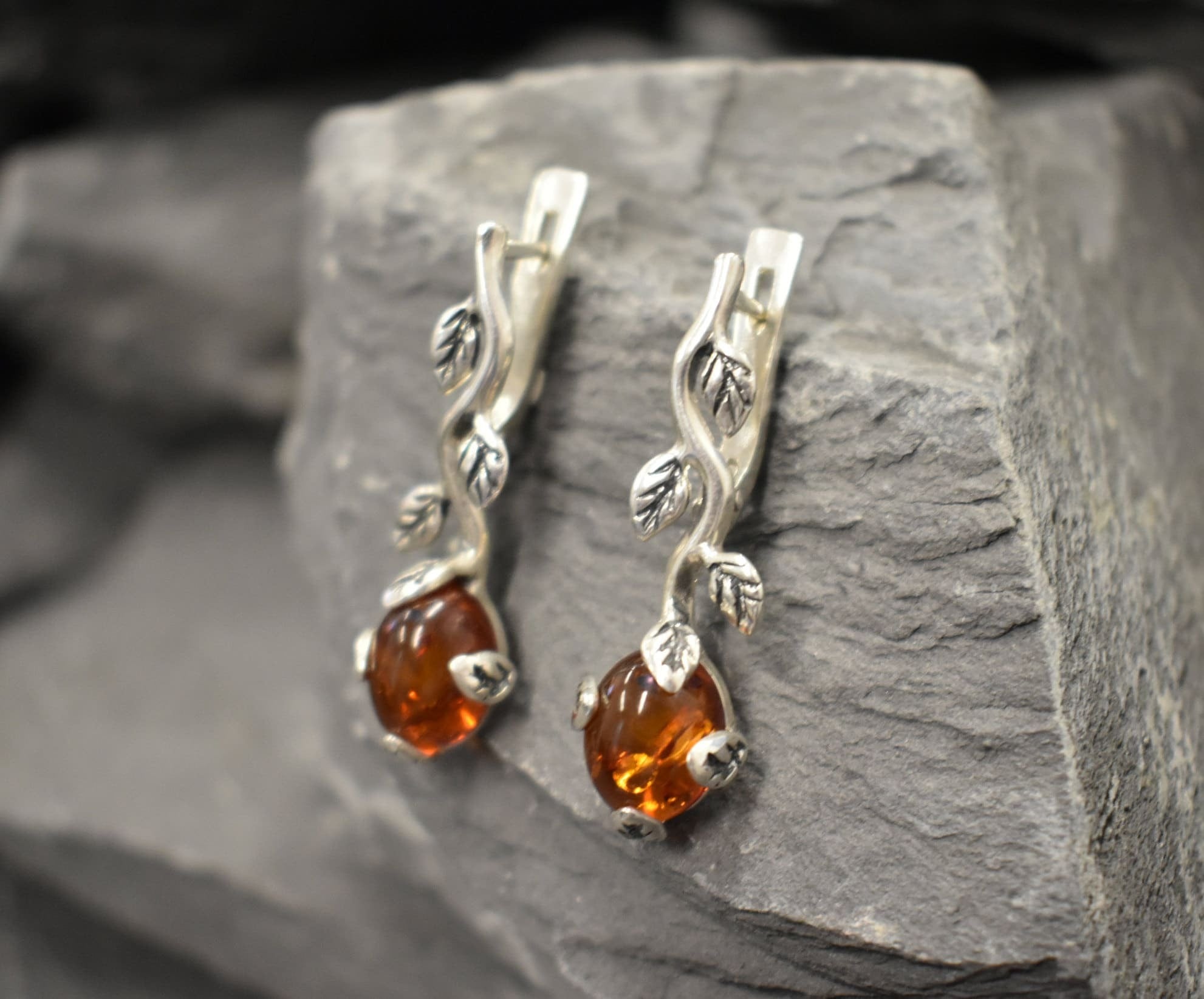 Silver Leaf Earrings - Natural Amber Earrings - Vines Earrings