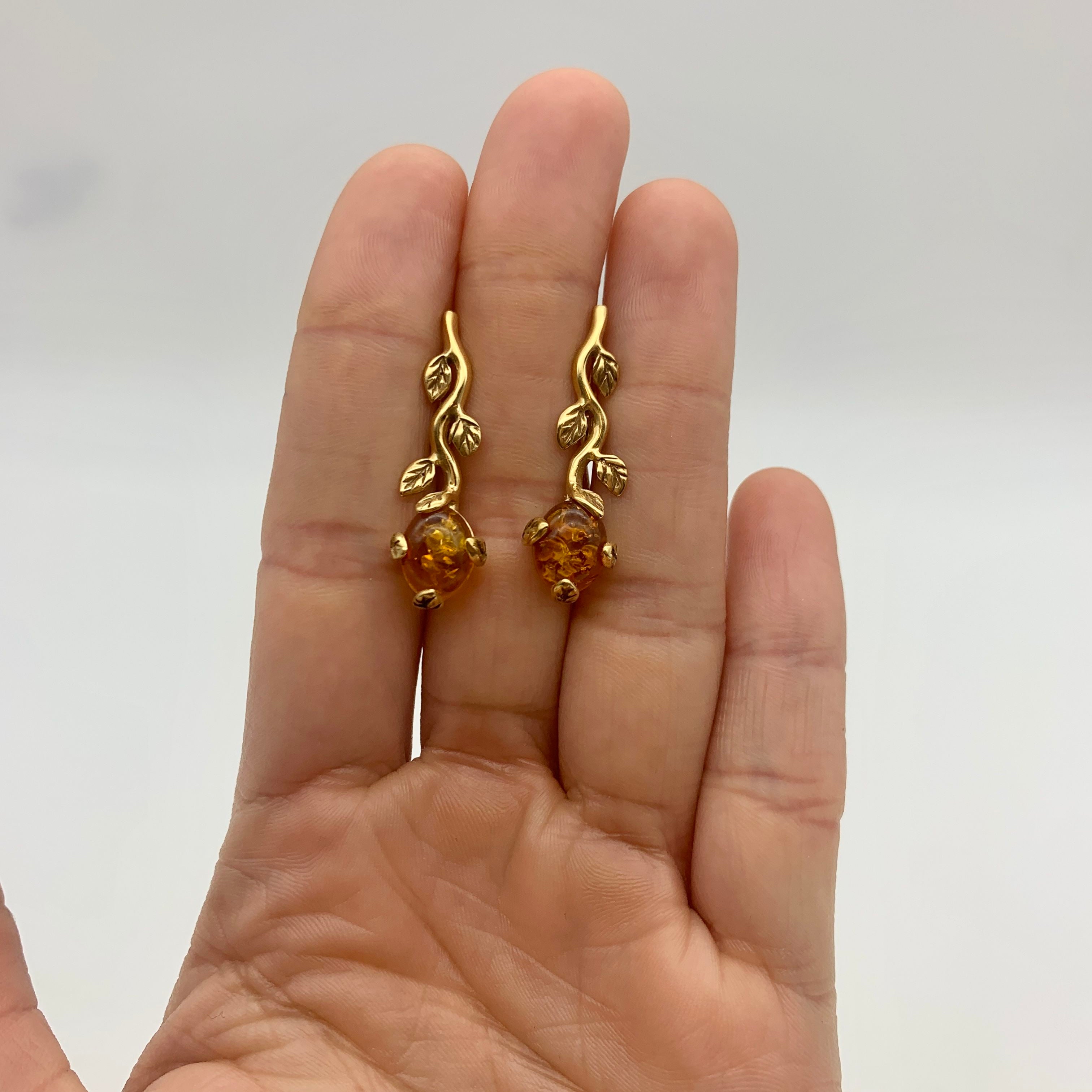 Branch Earrings, Natural Amber, Floral Leaf Earrings, Vintage Earrings, Amber Earrings, Long Earrings, Honey Gemstone, Solid Silver Earrings(1)