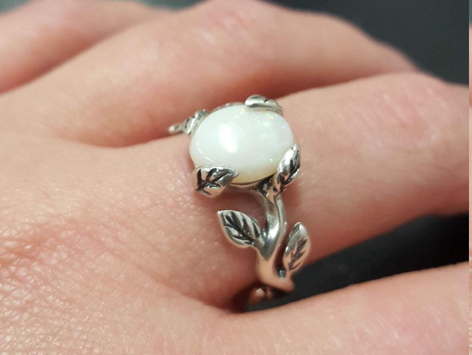 Fire Opal Ring, Natural Opal, Leaf Ring, Australian Opal Ring, Opal Ring, Branch Ring, White Rose Ring, Opal Flower Ring, Solid Silver Ring