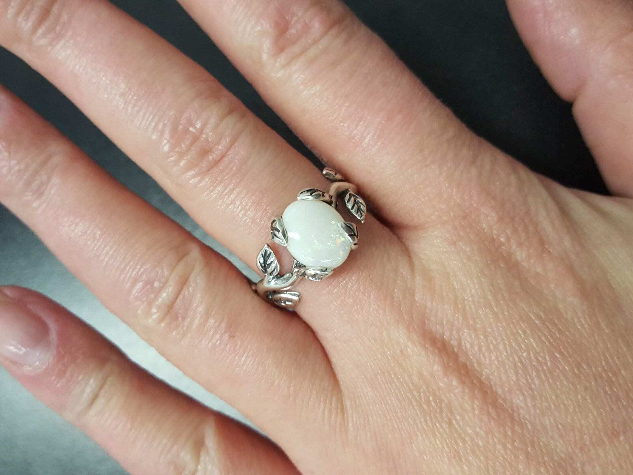 Fire Opal Ring, Natural Opal, Leaf Ring, Australian Opal Ring, Opal Ring, Branch Ring, White Rose Ring, Opal Flower Ring, Solid Silver Ring