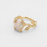Opal Gold Leaf Ring - Genuine Fire Opal Ring - Vintage Leaf Band