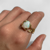 Opal Gold Leaf Ring - Genuine Fire Opal Ring - Vintage Leaf Band
