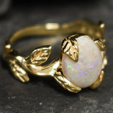 Opal Gold Leaf Ring - Genuine Fire Opal Ring - Vintage Leaf Band