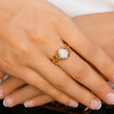 Opal Gold Leaf Ring - Genuine Fire Opal Ring - Vintage Leaf Band