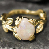 Opal Gold Leaf Ring - Genuine Fire Opal Ring - Vintage Leaf Band