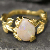 Opal Gold Leaf Ring - Genuine Fire Opal Ring - Vintage Leaf Band