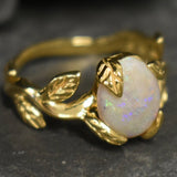 Opal Gold Leaf Ring - Genuine Fire Opal Ring - Vintage Leaf Band