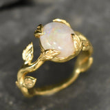 Opal Gold Leaf Ring - Genuine Fire Opal Ring - Vintage Leaf Band