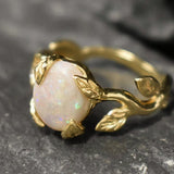 Opal Gold Leaf Ring - Genuine Fire Opal Ring - Vintage Leaf Band