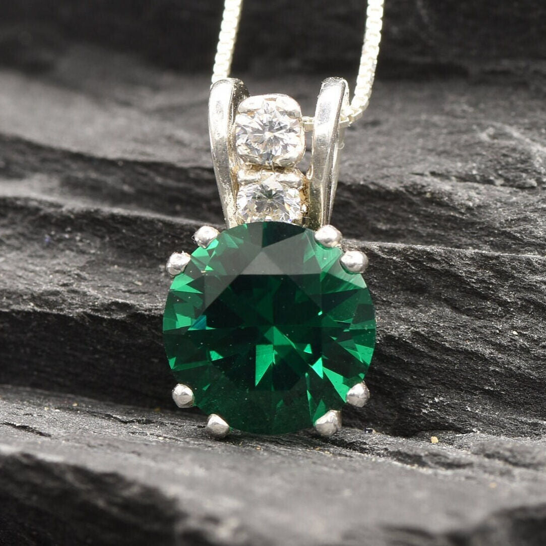 Radiant 925 Sterling Silver Pendant featuring a Created Green Emerald, a thoughtful gift for May birthdays and classy daily adornment.