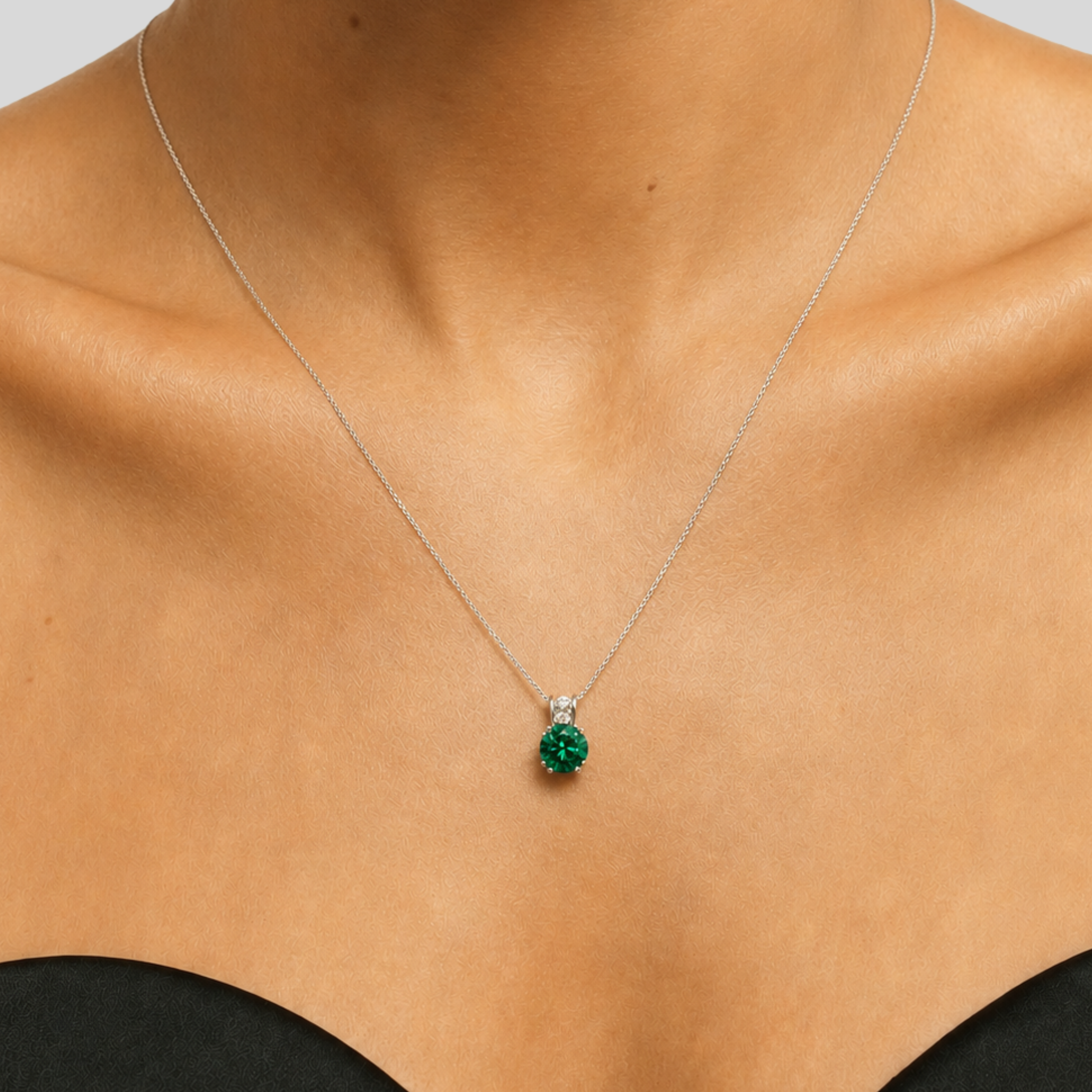 Elegant 925 Sterling Silver Emerald Pendant with Round Created Green Emerald, perfect for birthdays and everyday elegance.