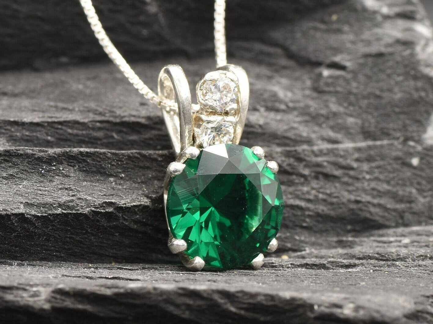 Round Emerald Pendant, Emerald Necklace, Vintage Pendant, Valentines Gift, Green Diamond Necklace, Round Pendant, Created Emerald, Silver