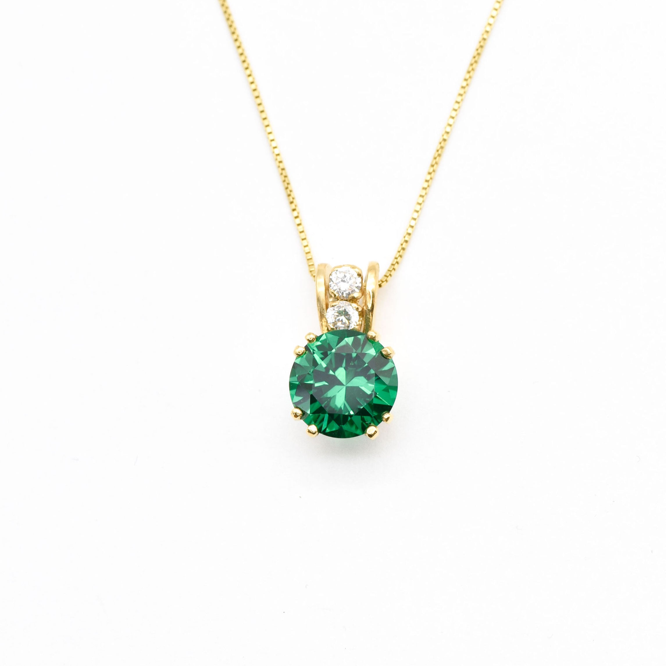 Created Emerald Pendant made in 18k Gold Vermeil with Round Created Green Emerald in Prong setting, May Birthstone gift idea, symbolizes, ideal for everyday wear and perfect for birthday gifting and special occasions.