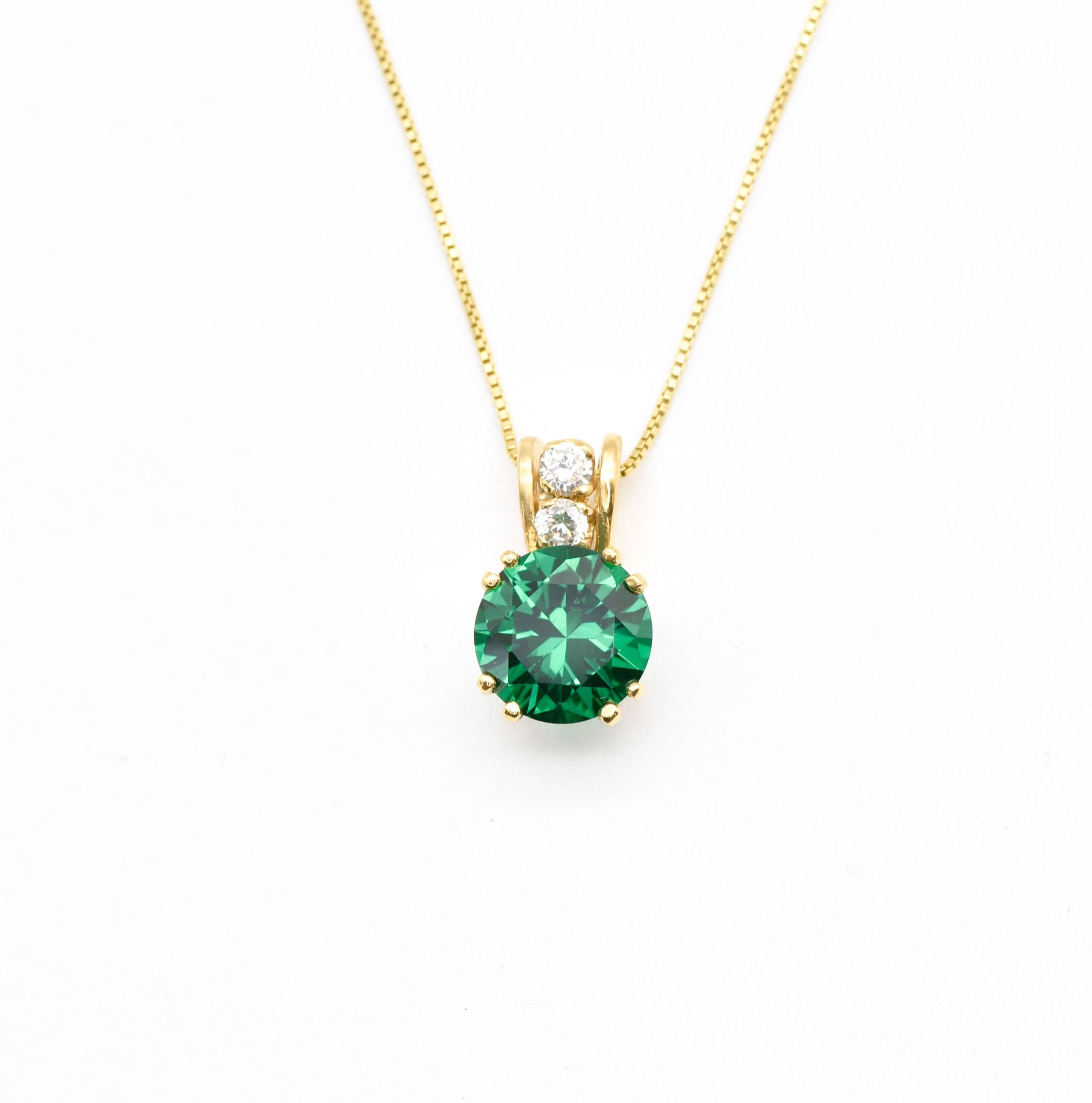 Created Emerald Pendant made in 18k Gold Vermeil with Round Created Green Emerald in Prong setting, May Birthstone gift idea, symbolizes, ideal for everyday wear and perfect for birthday gifting and special occasions.