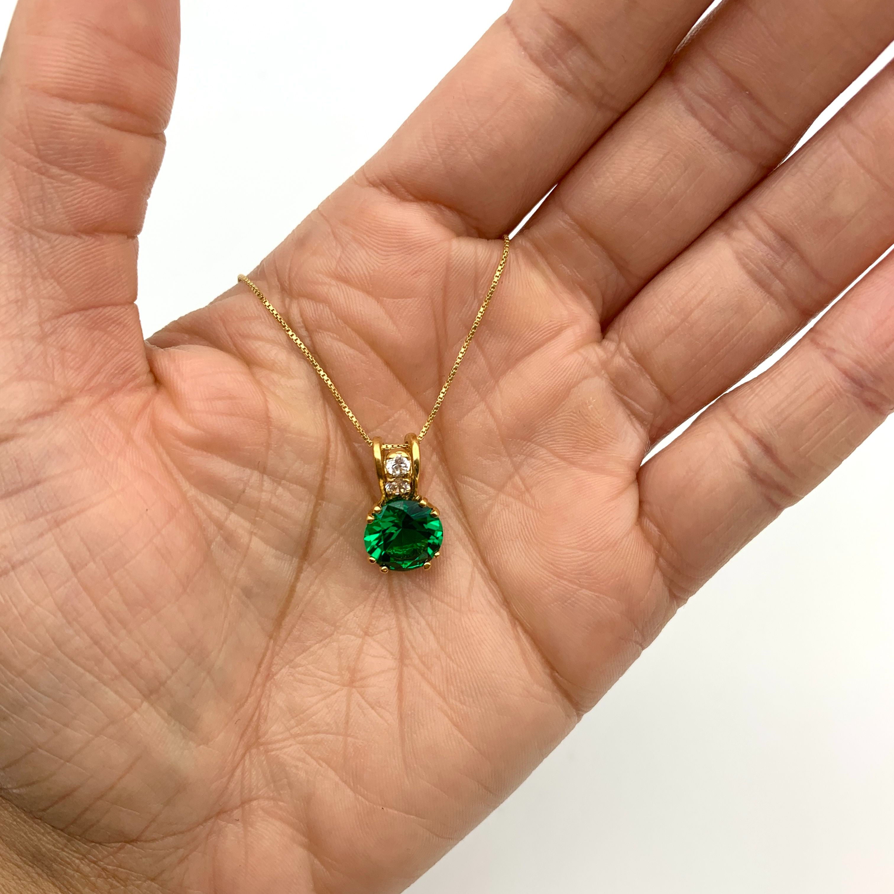 Round Created Green Emerald pendant in 18k Gold Vermeil, perfect May birthstone gift for special occasions and daily wear.