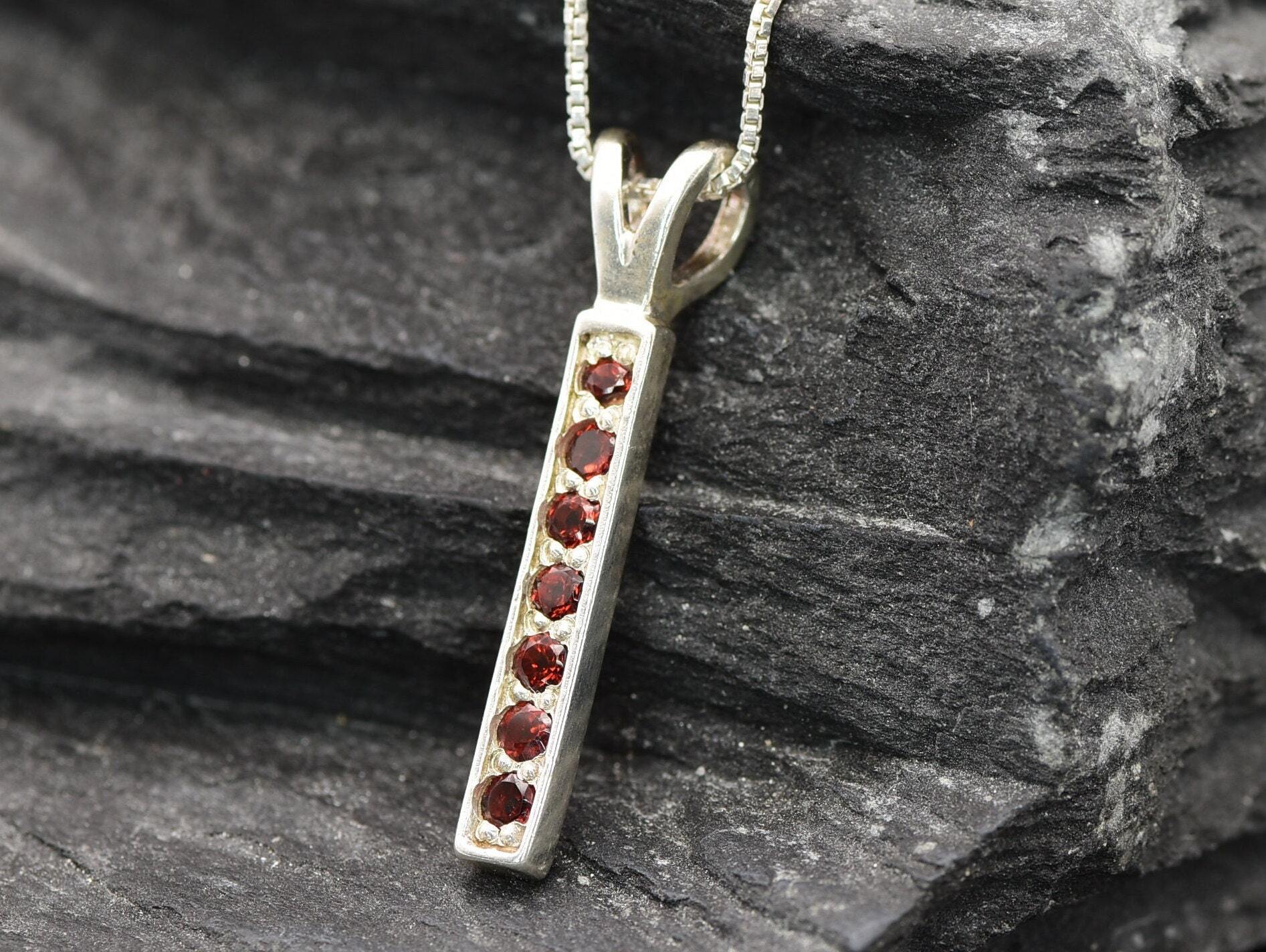 Garnet Bar Pendant, Vertical Pendant, Natural Garnet, Layering Necklace, January Birthstone, Minimalist Pendant, Line Pendant, Solid Silver