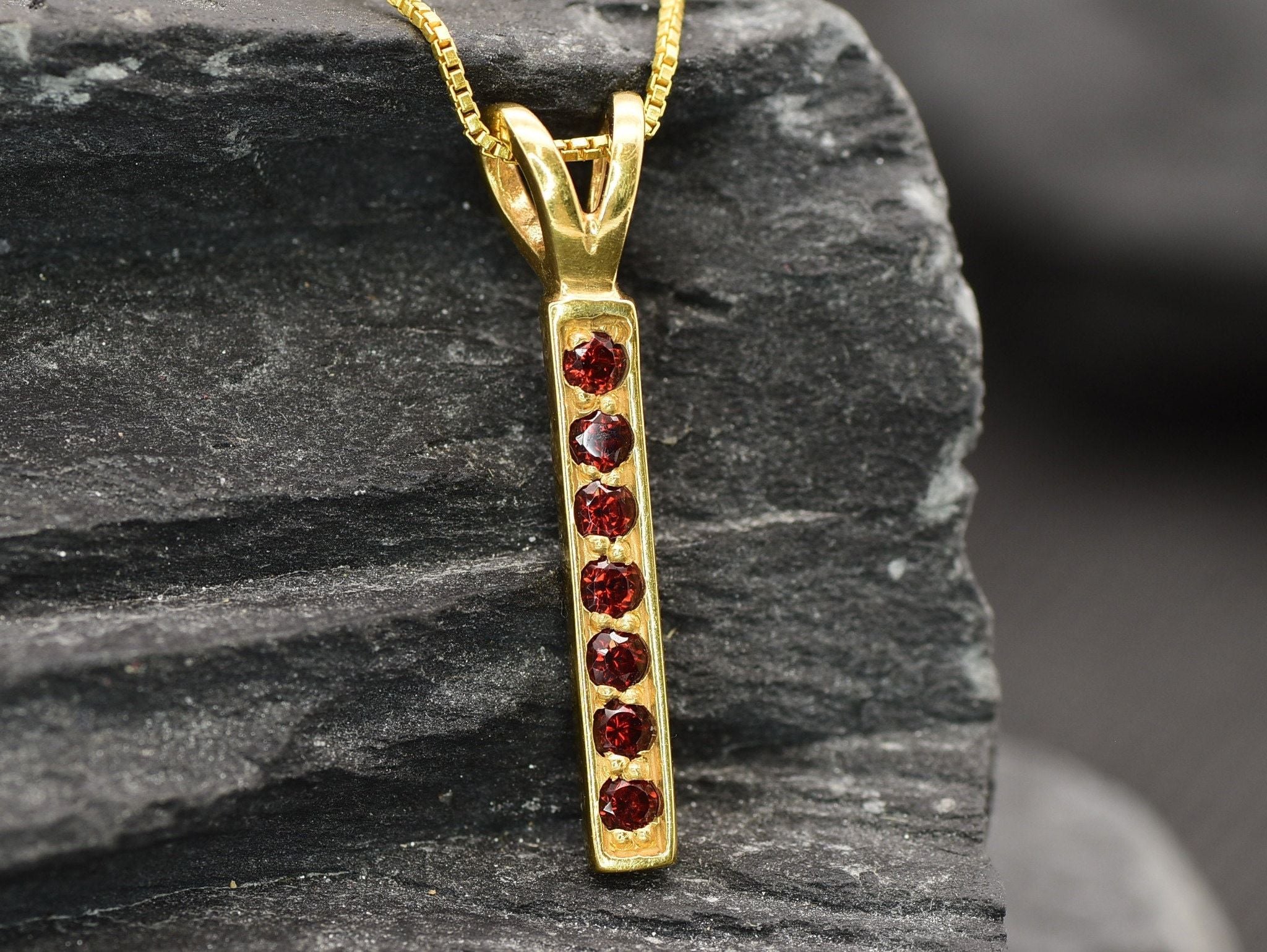 Garnet Bar Pendant, Vertical Pendant, Natural Garnet, Layering Necklace, January Birthstone, Minimalist Pendant, Line Pendant, Solid Silver(1)