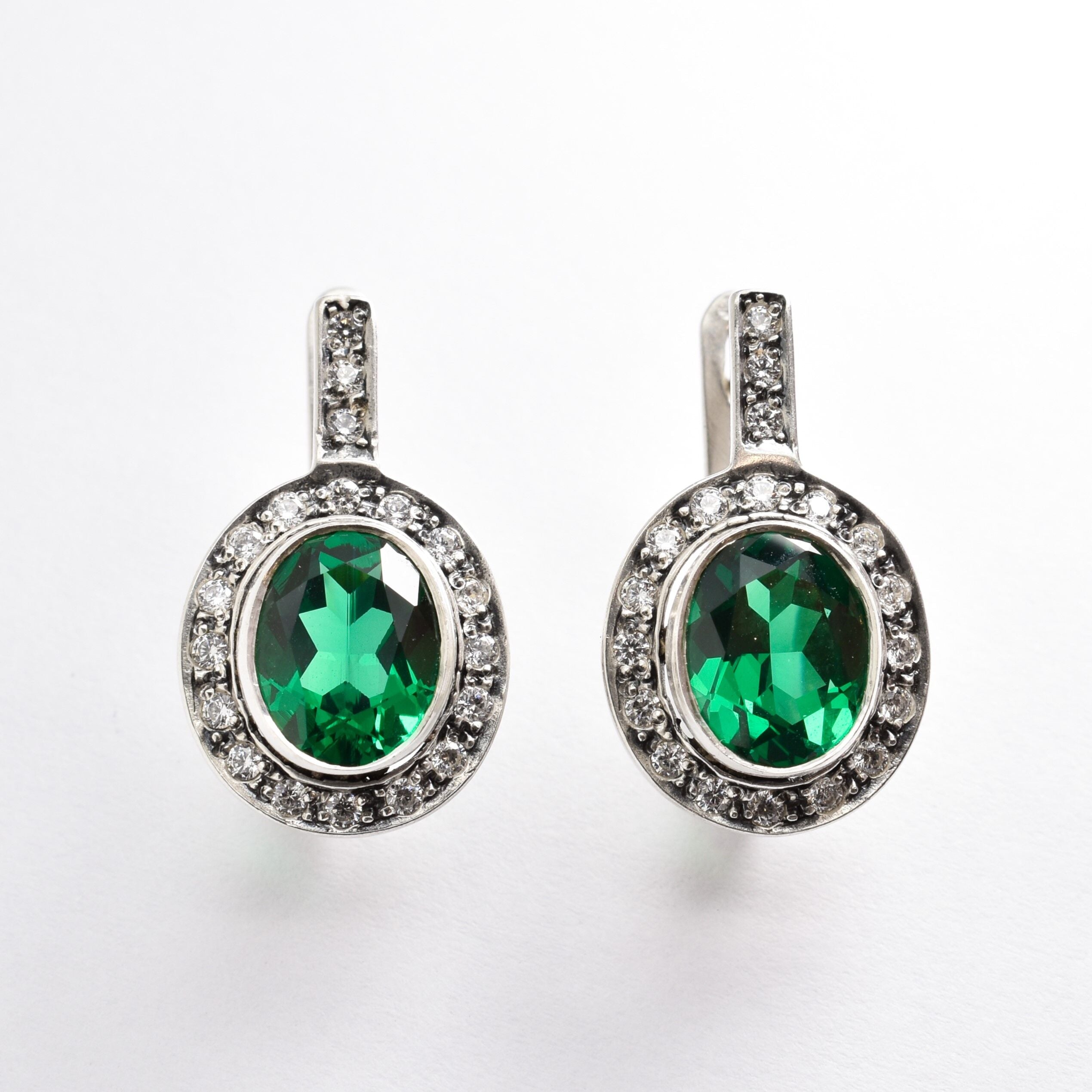 Created Emerald Earrings made in 925 Sterling Silver with Oval Created Green Emerald in Bezel setting, May Birthstone gift idea, symbolizes, ideal for everyday wear and perfect for birthday gifting and special occasions.