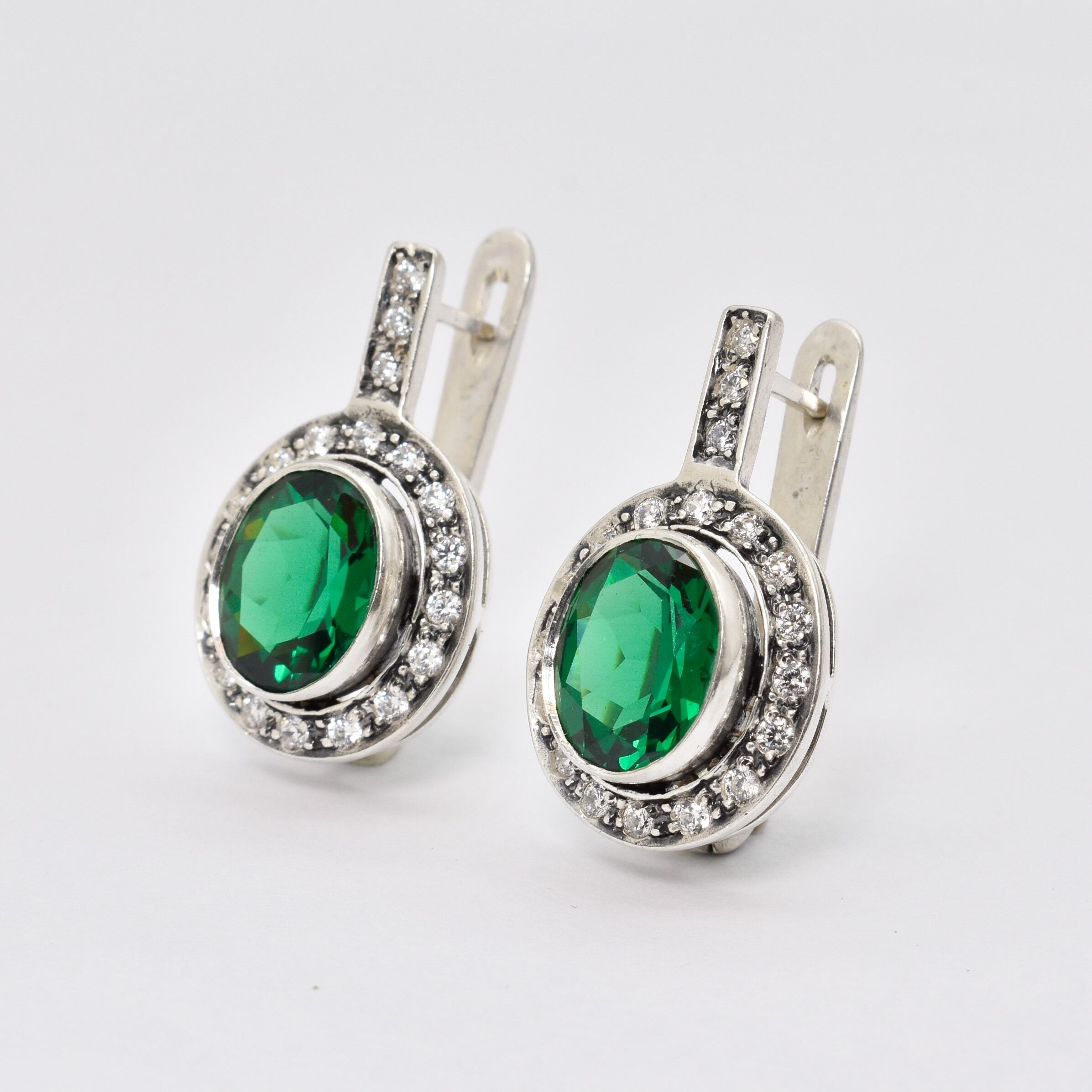 Emerald Earrings, Created Emerald, Vintage Earrings, Antique Emerald Earrings, Green Emerald Earrings, 925 Silver Earrings, Green Earrings