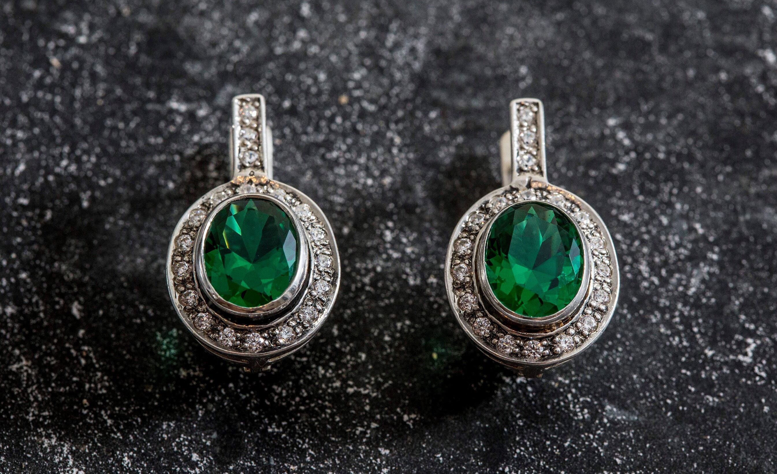 Emerald Earrings, Created Emerald, Vintage Earrings, Antique Emerald Earrings, Green Emerald Earrings, 925 Silver Earrings, Green Earrings