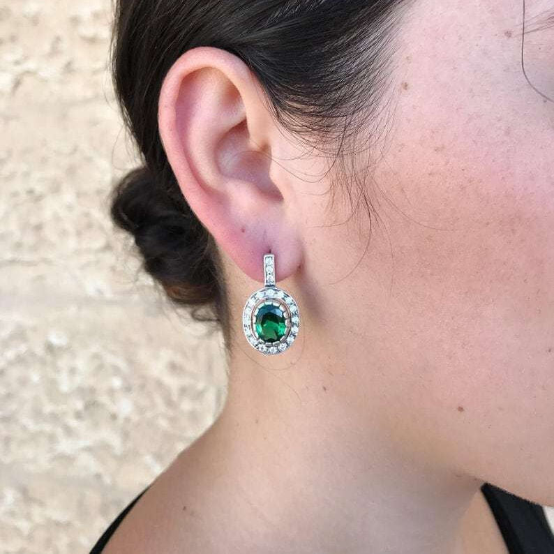Elegant 18k Gold Vermeil Emerald Earrings with Oval Created Green Emeralds, perfect for May birthdays and special occasions.