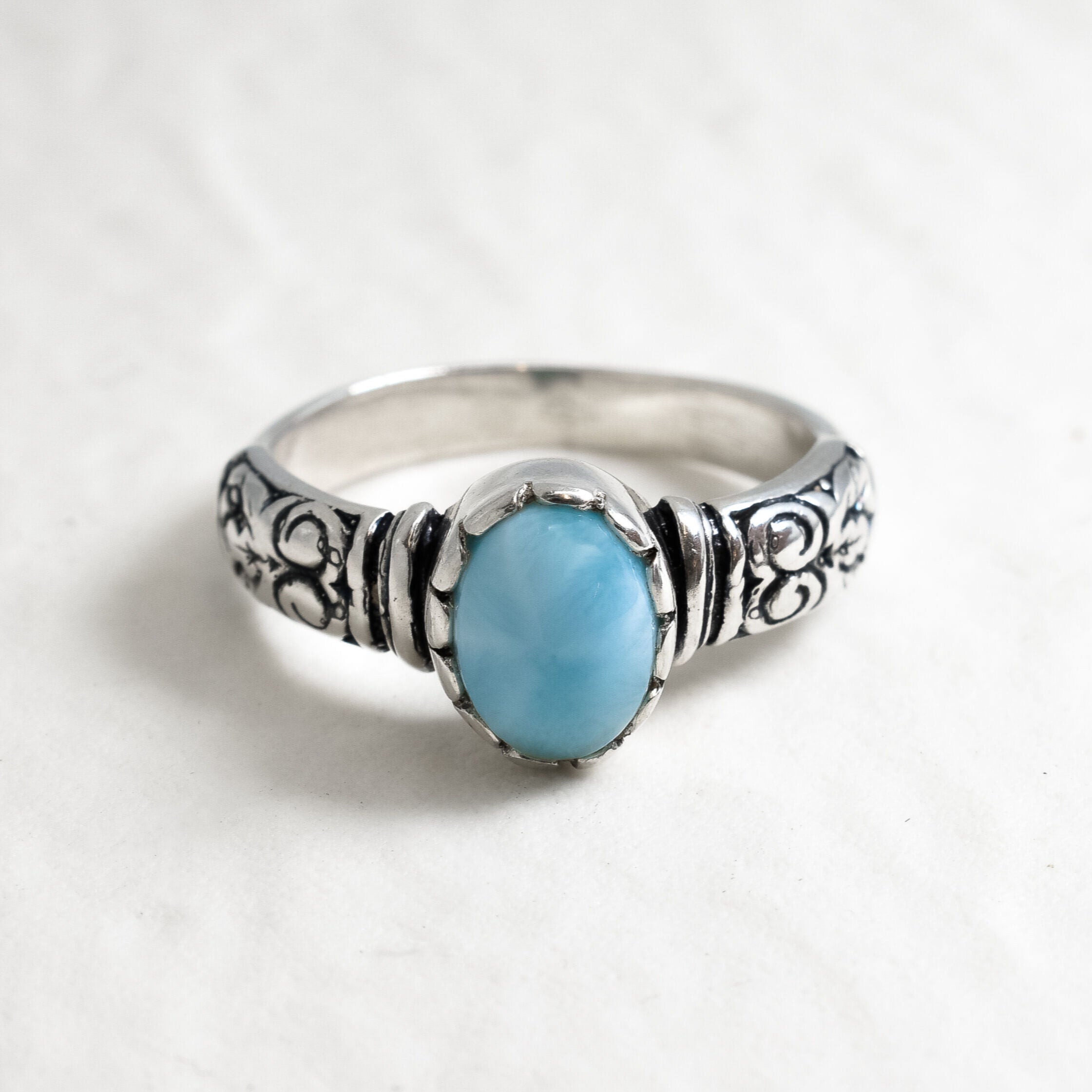 Larimar Ring, Natural Larimar, March Birthstone, Tribal Ring, March Ring, Blue Vintage Ring, Jewel of Atlantis, Solid Silver Ring, Larimar (629493368)