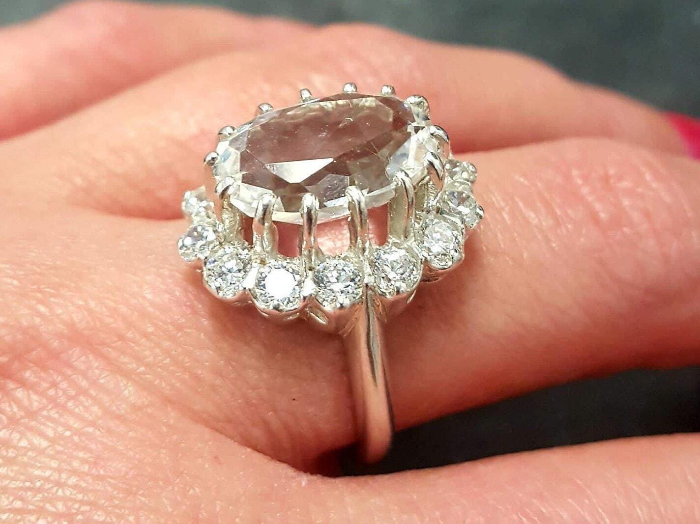 Diamond Ring, Princess Diana Ring, Natural Topaz, Promise Ring, Royal Jewelry, Pure Silver, Solid Silver Ring, White Topaz, 10 Carats