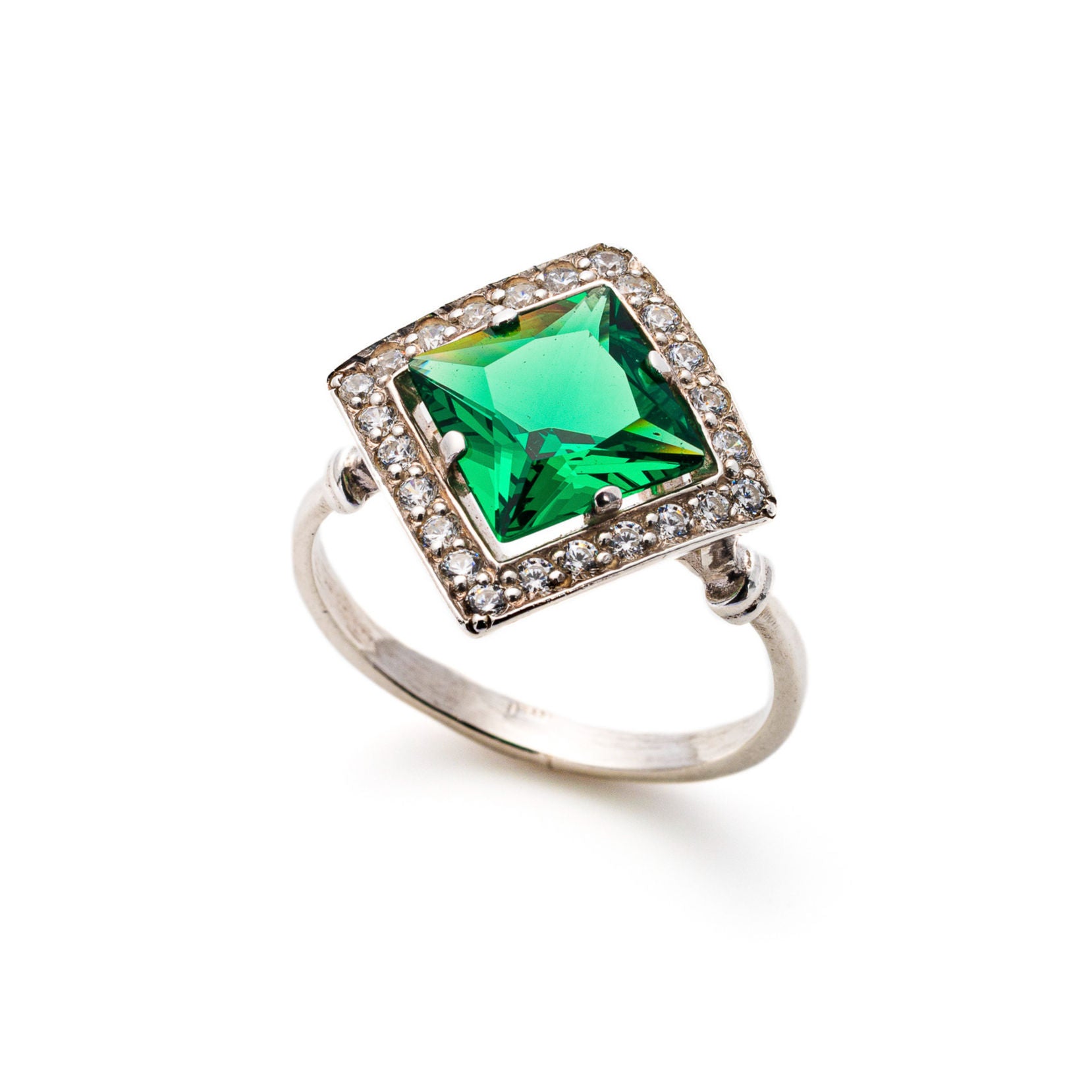 Created Emerald Ring made in 925 Sterling Silver with Square Created Green Emerald in Halo setting, May Birthstone gift idea, symbolizes, ideal for everyday wear and perfect for birthday gifting and special occasions.