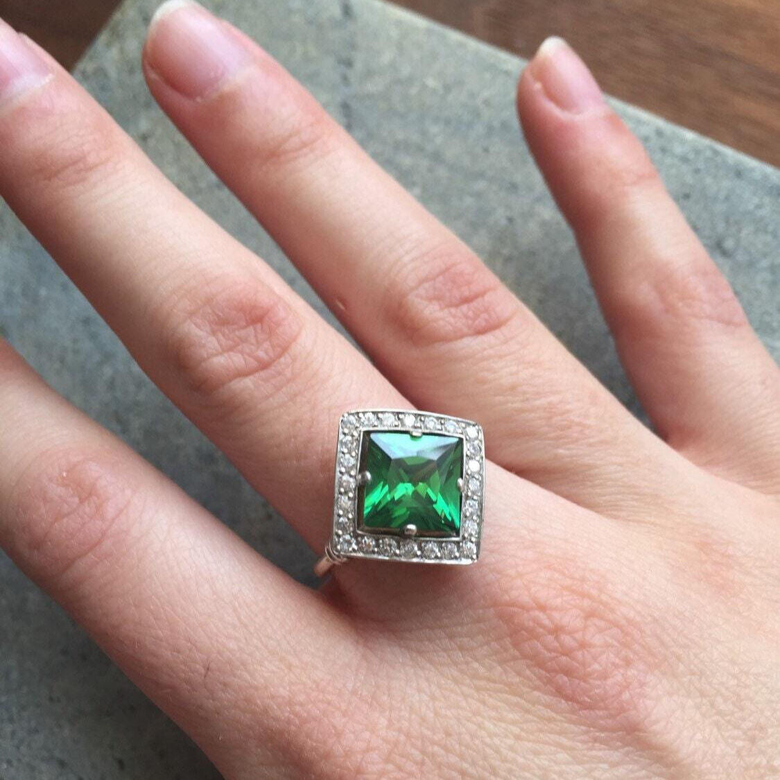 Exquisite 925 Sterling Silver ring featuring a square Created Green Emerald, ideal for May birthdays and elegant everyday wear.
