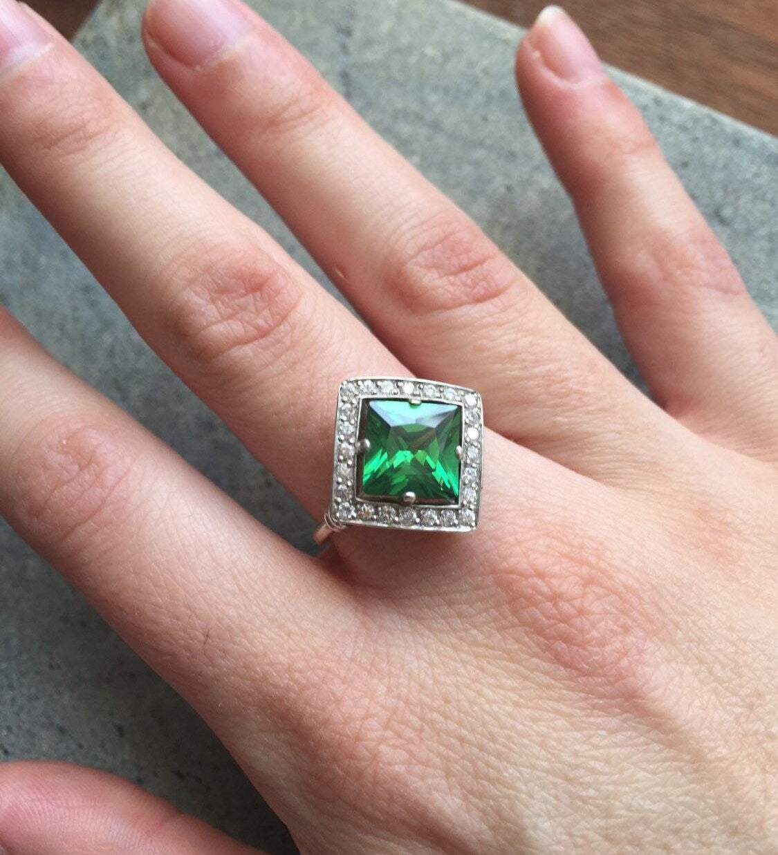 Elegant 925 Sterling Silver ring with a square Created Green Emerald, perfect for May birthdays and special occasions.