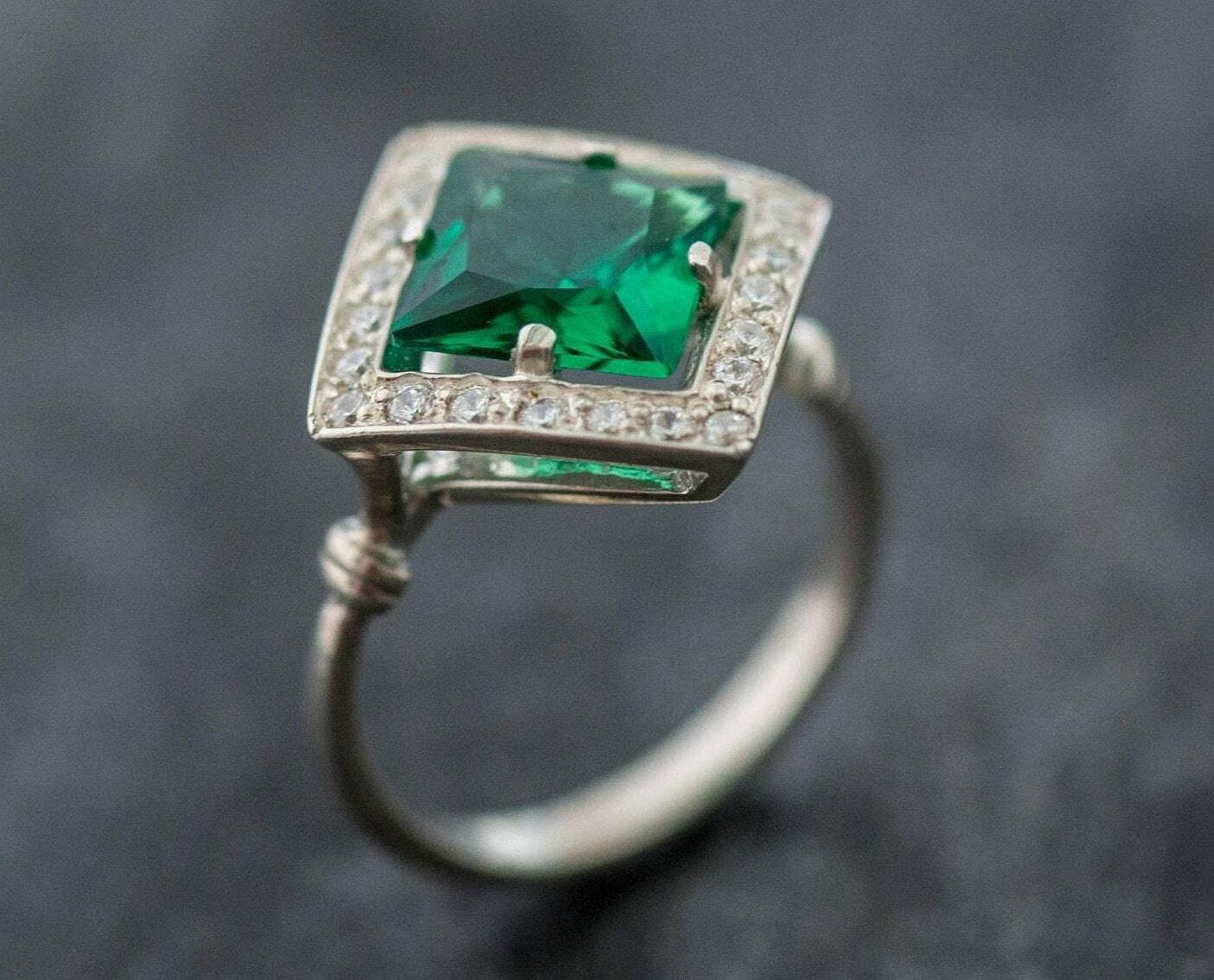 Antique Emerald Ring - Emerald Square Ring - Green Gemstone Ring