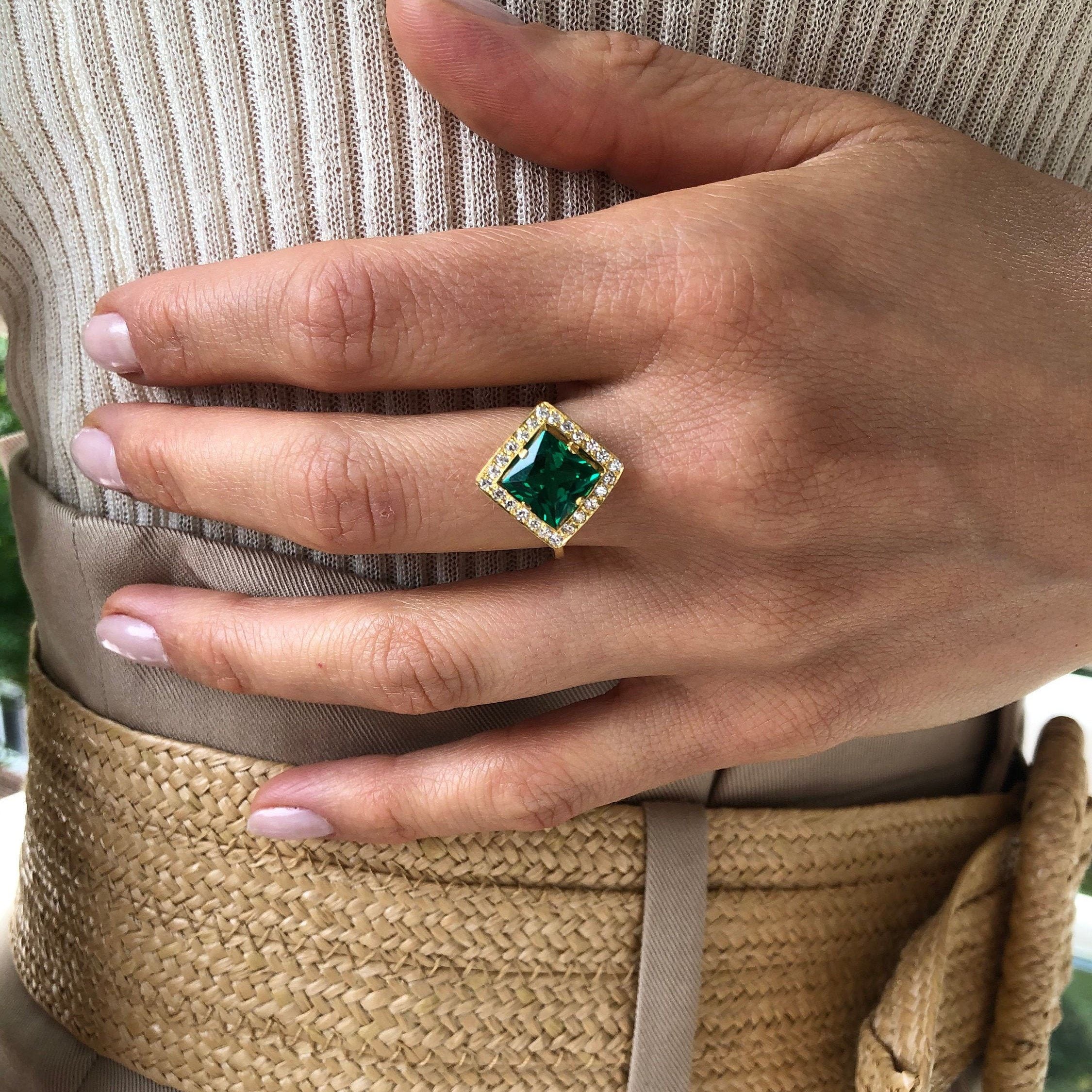 18k Gold Vermeil Emerald Ring with Square Created Green Emerald, Halo design, ideal for birthdays and special occasions.