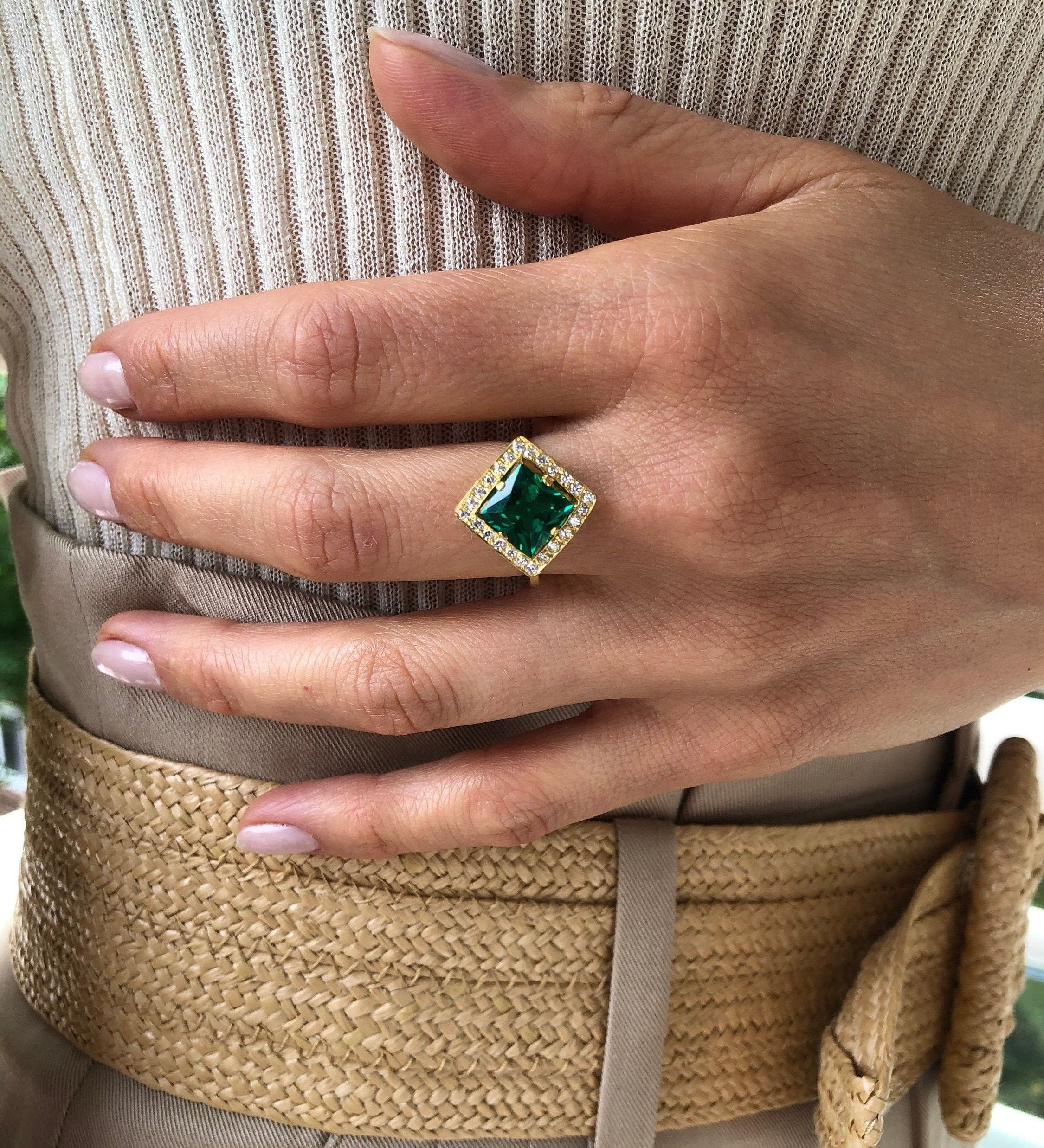 18k Gold Vermeil Emerald Ring with Square Created Green Emerald, Halo design, ideal for birthdays and special occasions.