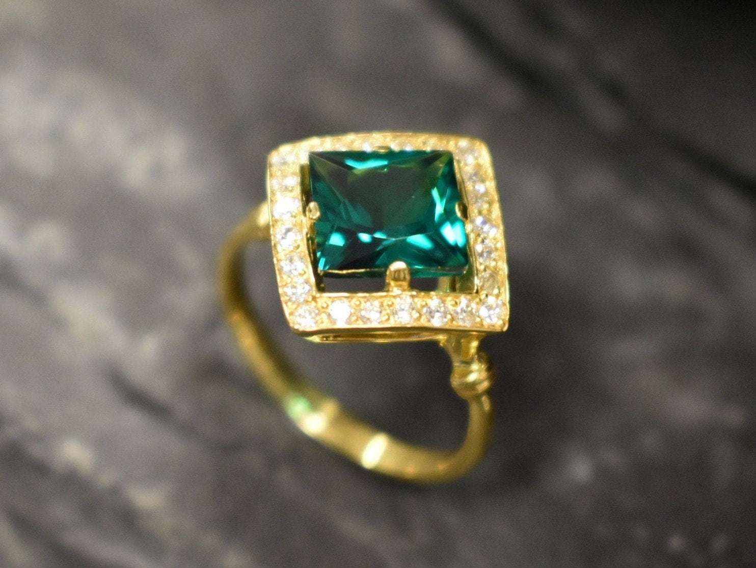 Created Emerald Ring made in 18k Gold Vermeil with Square Created Green Emerald in Halo setting, May Birthstone gift idea, symbolizes, ideal for everyday wear and perfect for birthday gifting and special occasions.