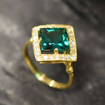 Created Emerald Ring made in 18k Gold Vermeil with Square Created Green Emerald in Halo setting, May Birthstone gift idea, symbolizes, ideal for everyday wear and perfect for birthday gifting and special occasions.