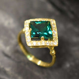 Created Emerald Ring made in 18k Gold Vermeil with Square Created Green Emerald in Halo setting, May Birthstone gift idea, symbolizes, ideal for everyday wear and perfect for birthday gifting and special occasions.