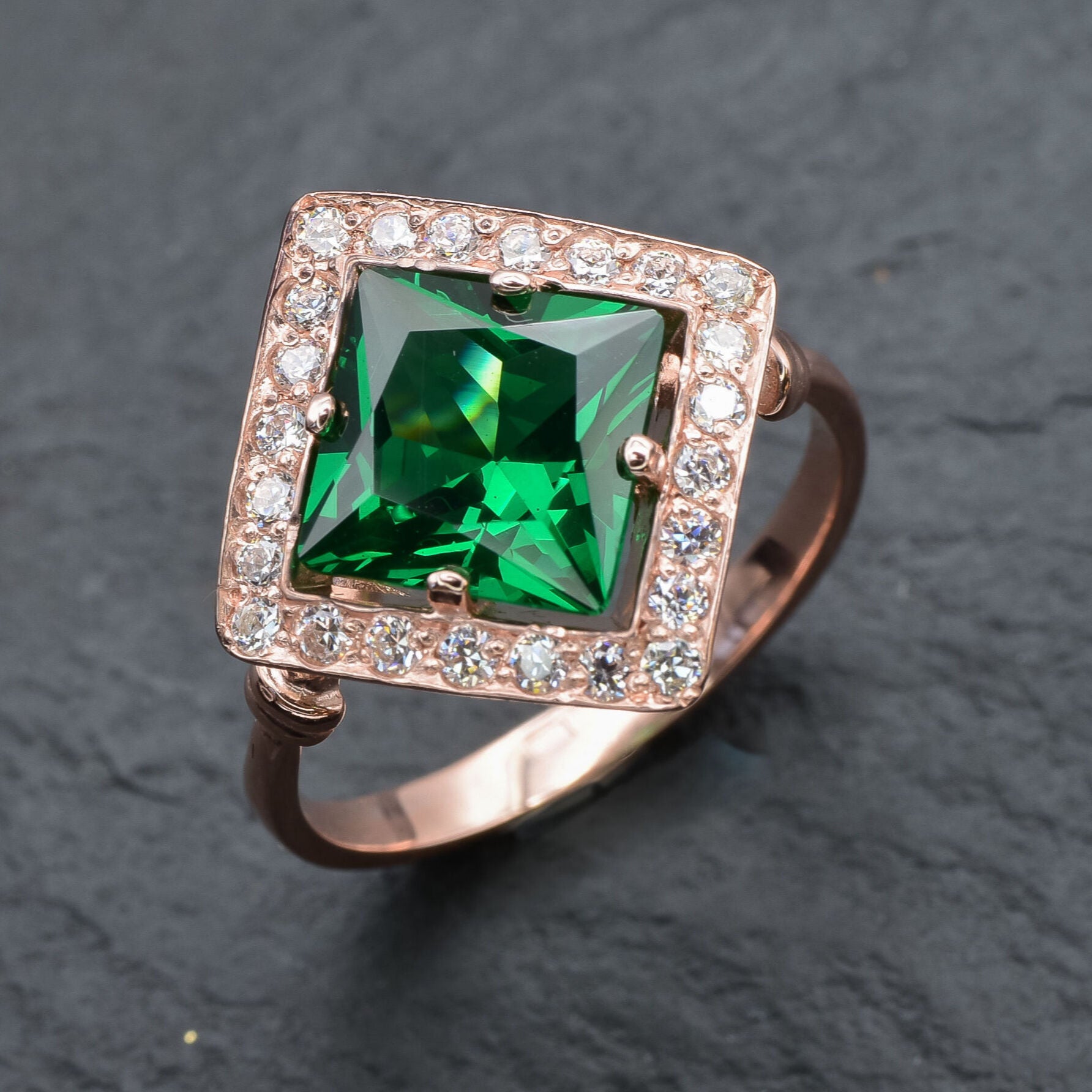 Created Emerald Ring made in Rose Gold Vermeil with Square Created Green Emerald in Halo setting, May Birthstone gift idea, symbolizes, ideal for everyday wear and perfect for birthday gifting and special occasions.