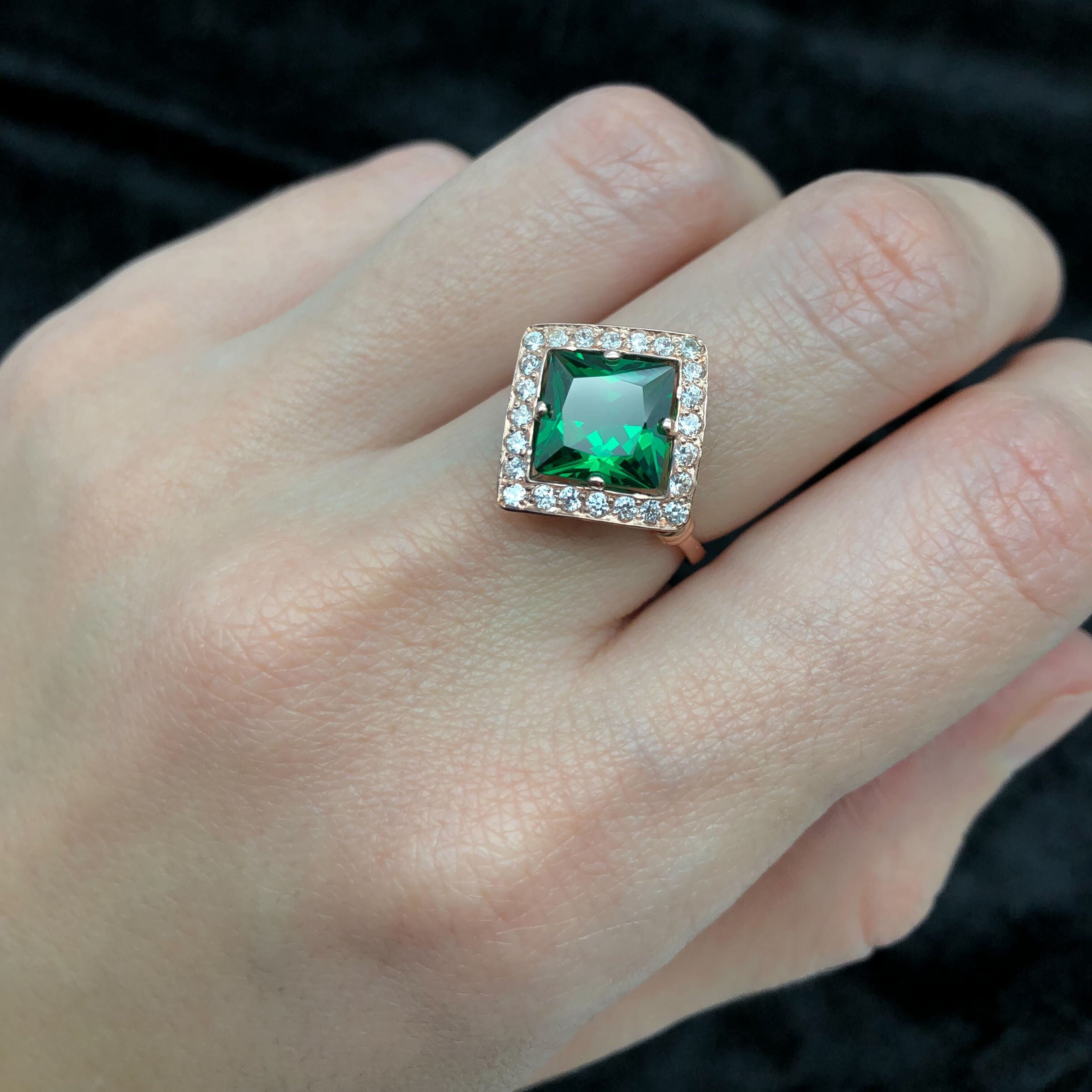 Rose Gold Vermeil Emerald Ring with Halo Setting, May Birthstone, perfect for special occasions and everyday elegance.