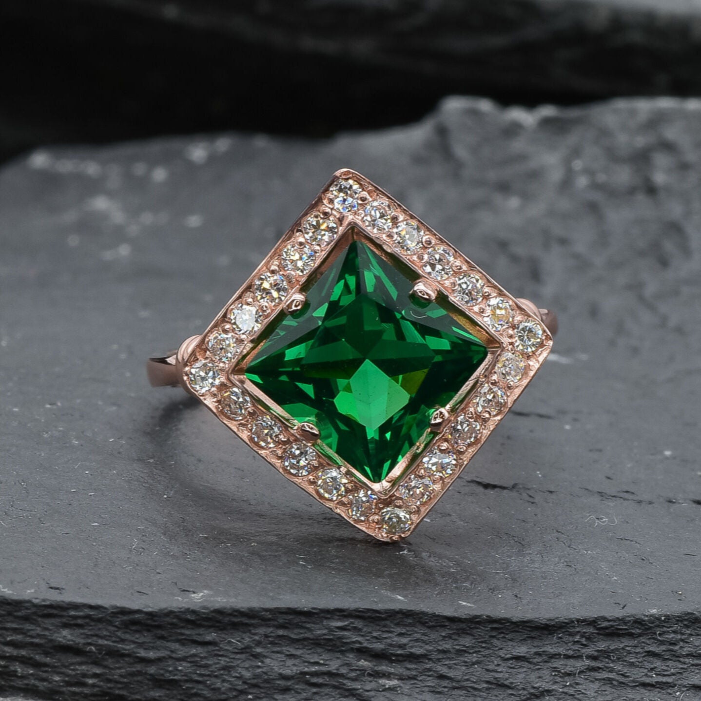 Square Created Green Emerald Ring in Rose Gold Vermeil, ideal May birthstone gift for birthdays and special celebrations.