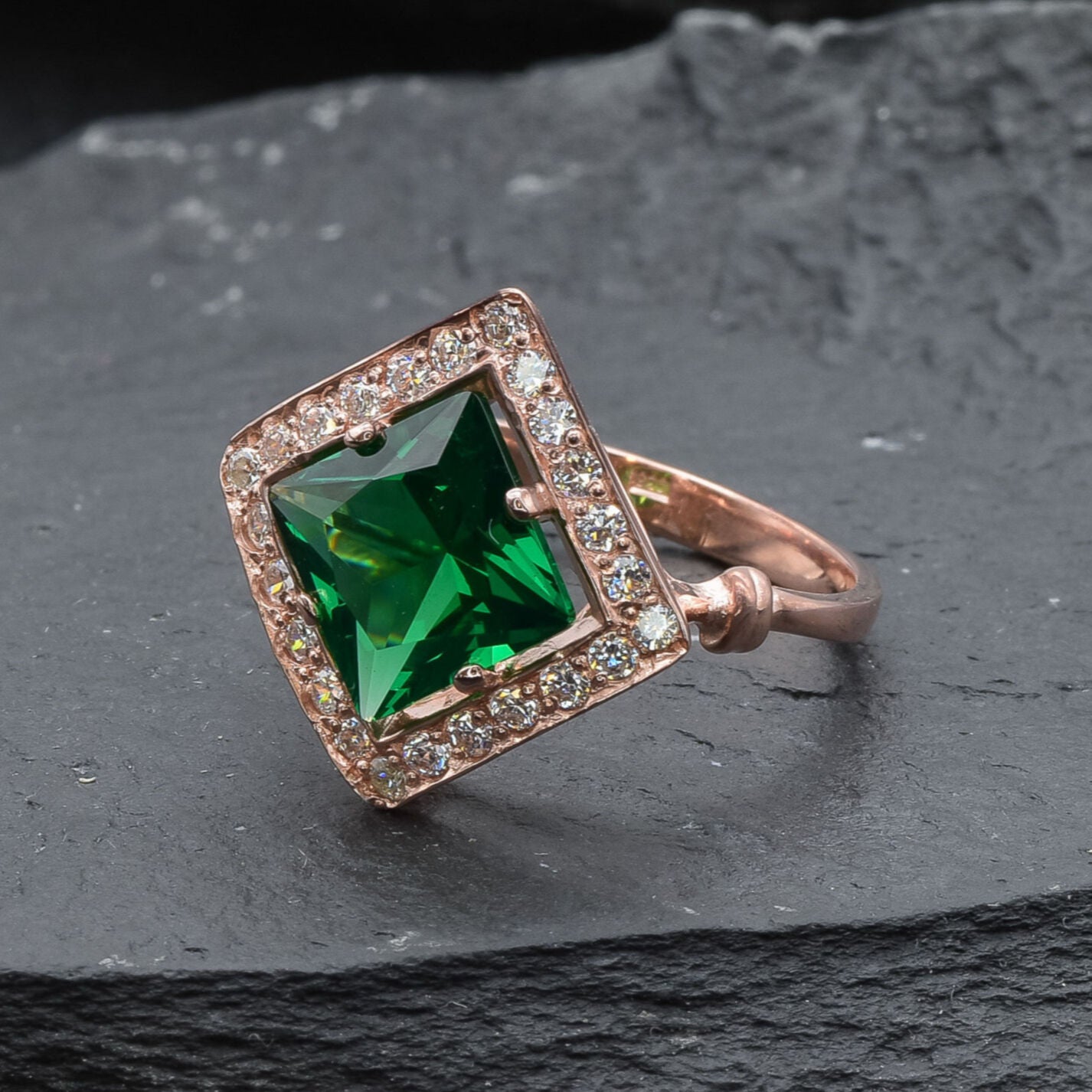 Elegant Rose Gold Vermeil Halo Ring featuring a Square Created Emerald, a meaningful May birthstone gift for all occasions.