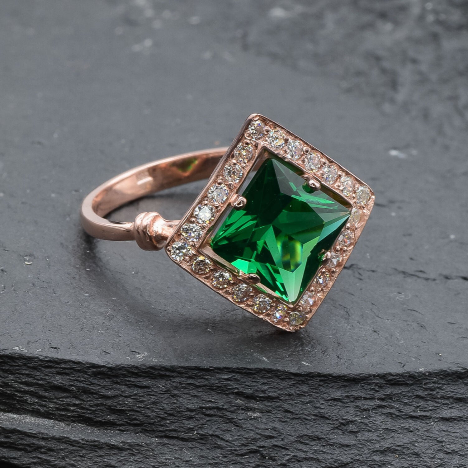 Exquisite Rose Gold Vermeil Ring with Halo setting, showcasing a vibrant Square Created Emerald, perfect for May birthdays and special moments.