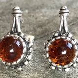 Amber Silver Earrings - Natural Amber Earrings - Vintage Flower Earrings