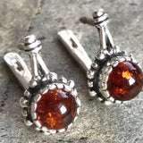 Amber Silver Earrings - Natural Amber Earrings - Vintage Flower Earrings