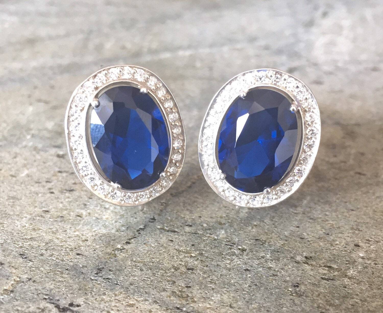 Created Sapphire Earrings made in 925 Sterling Silver with Pear Created Blue Sapphire in Prong setting, September Birthstone gift idea, symbolizes sincerity, truth, and faithfulness, ideal for everyday wear and perfect for birthday gifting and special occasions.