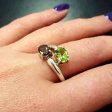 Topaz Silver Ring - Two Stone Ring - Green Bypass Ring