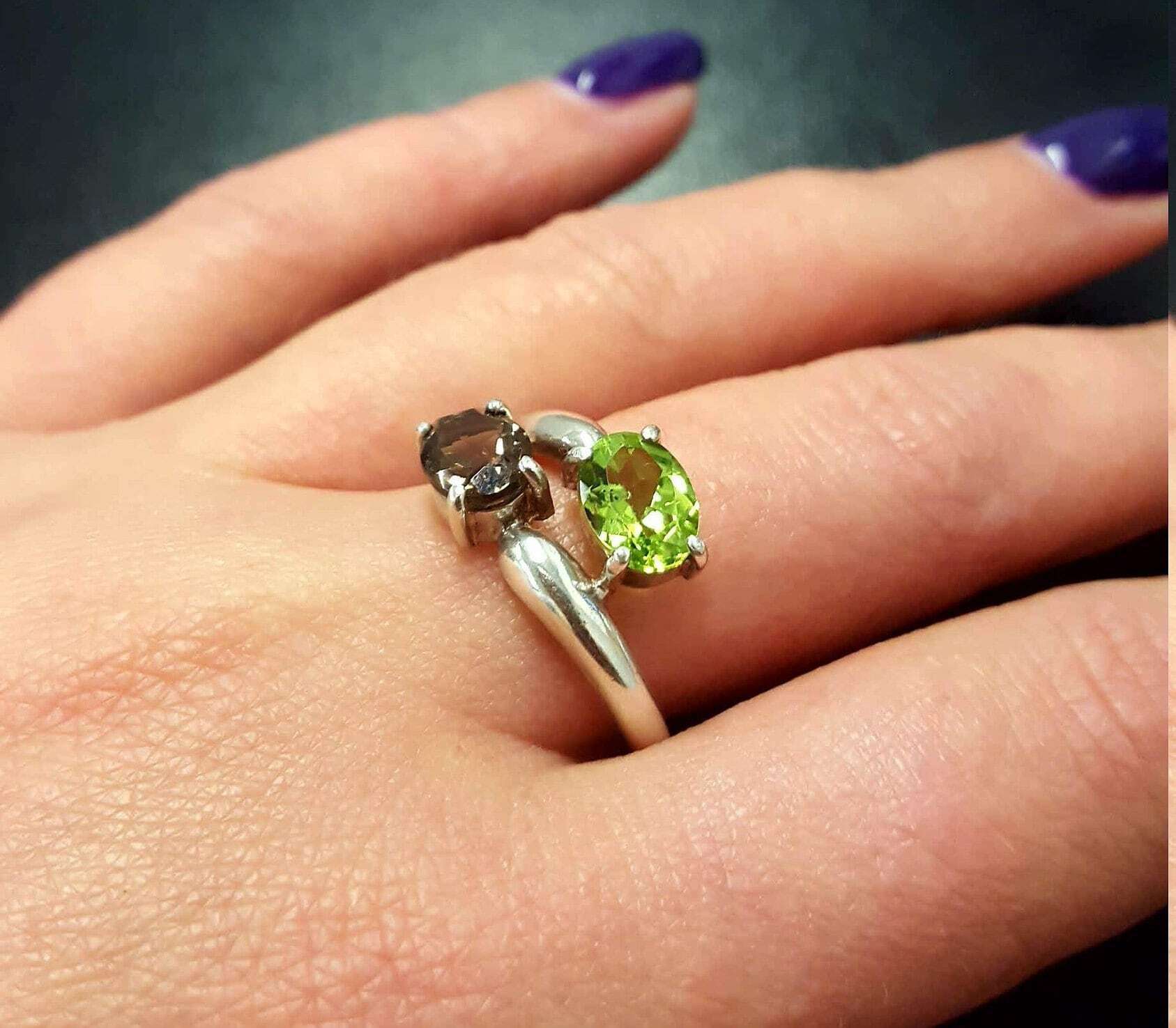 Topaz Ring, Peridot Ring, Smoky Topaz Ring, 2 Stone Ring, Natural Peridot Ring, August Birthstone, December Birthstone, Solid Silver Ring