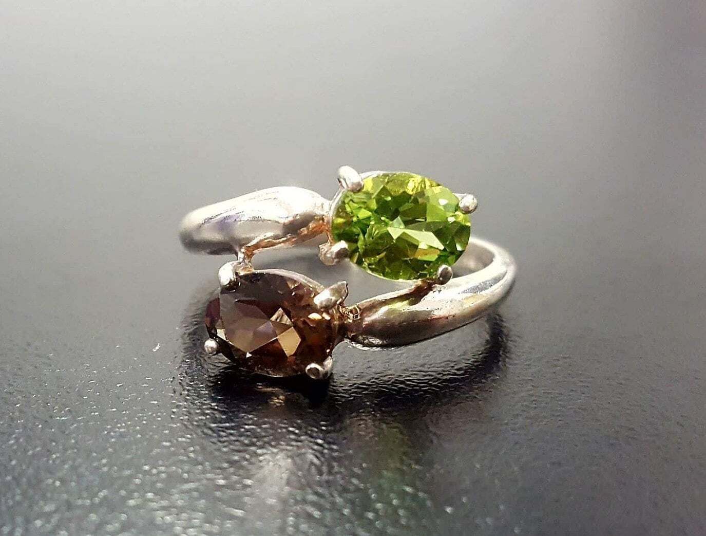 Topaz Ring, Peridot Ring, Smoky Topaz Ring, 2 Stone Ring, Natural Peridot Ring, August Birthstone, December Birthstone, Solid Silver Ring
