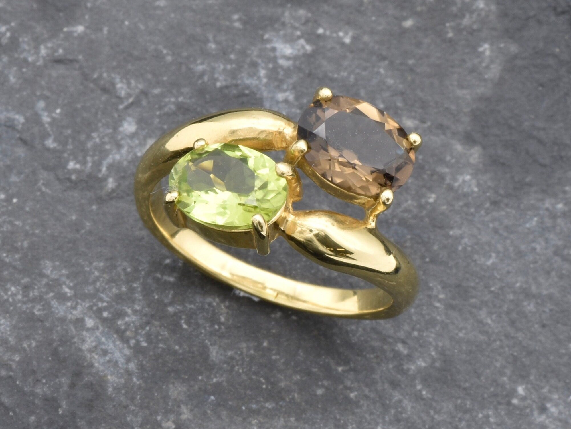 Topaz Ring, Peridot Ring, Smoky Topaz Ring, 2 Stone Ring, Natural Peridot Ring, August Birthstone, December Birthstone, Solid Silver Ring(1)