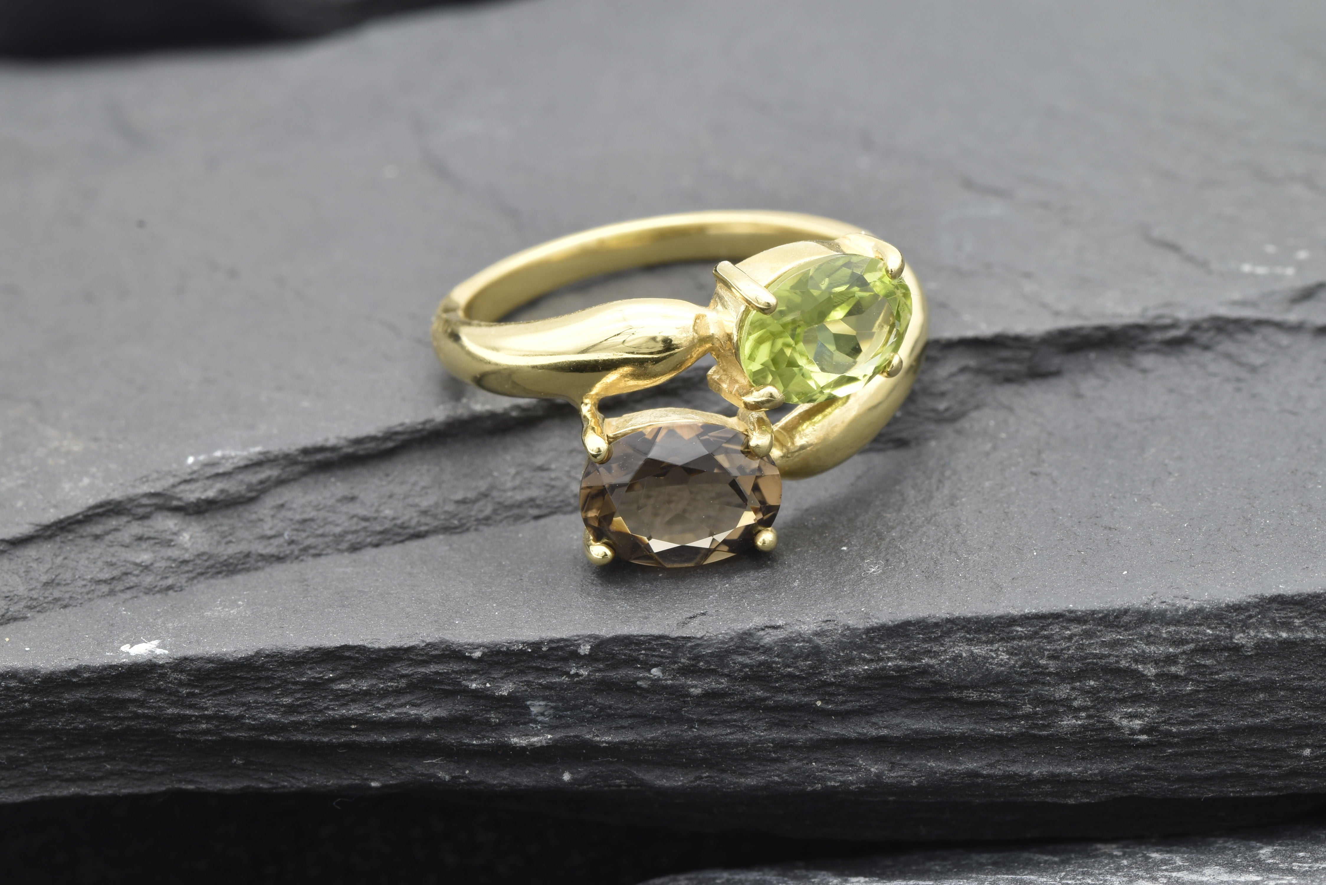Two Stone Gold Ring - Topaz and Peridot Ring - Gold Bypass Ring