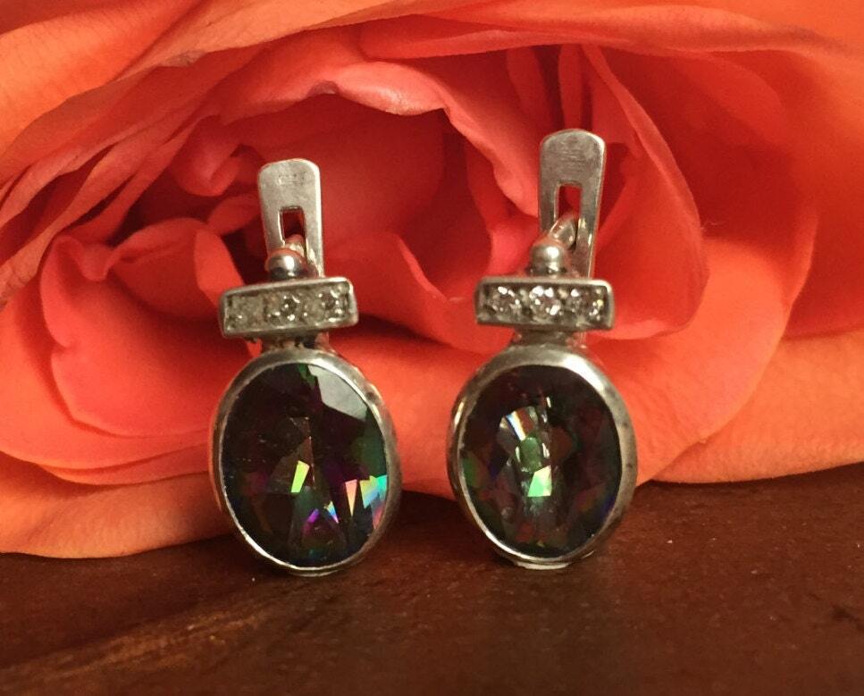 Mystic Topaz Earrings, Natural Mystic Topaz, December Birthstone, Victorian Earrings, Purple Diamond Studs, Topaz Studs, 925 Silver Earrings